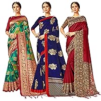 Elina fashion Pack of Three Sarees for Women Mysore Art Silk Printed Indian Wedding Saree | Diwali Gift Sari Combo
