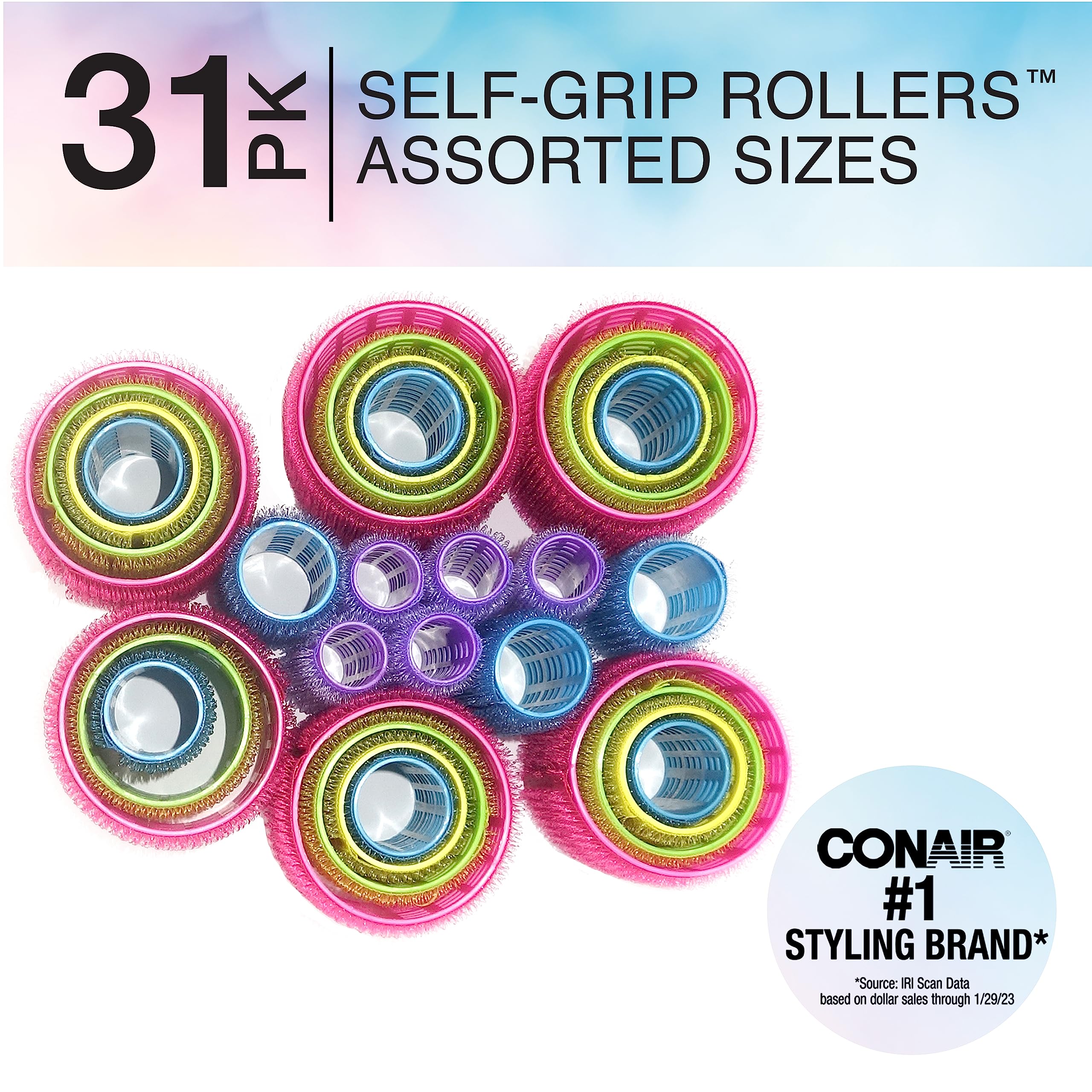 Conair Self Grip Assorted Sizes and Colors Hair Rollers, Hair Curlers, Self-Grip Hair Rollers, with Storage Bag 31 Count(Pack of 1)