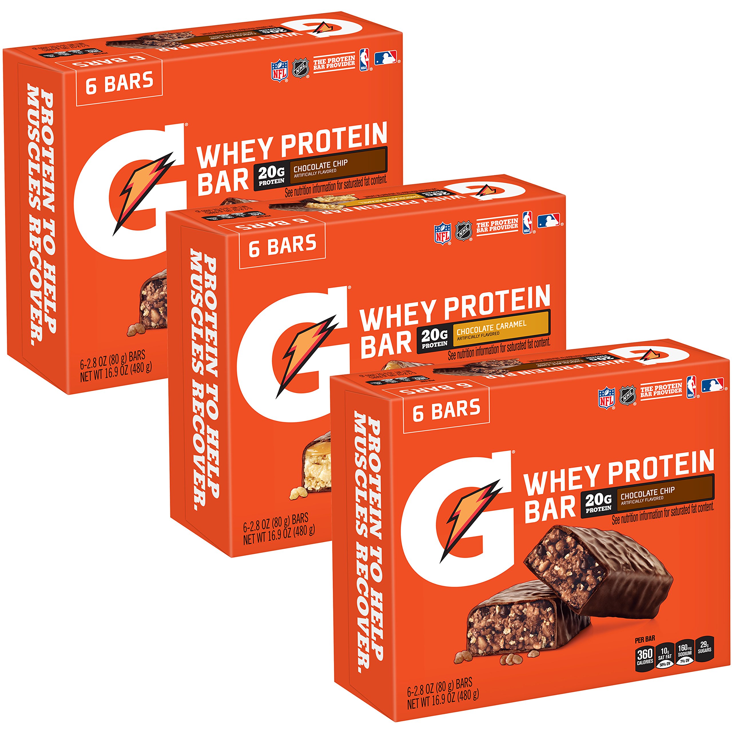 Gatorade Whey Protein Bars, Variety Pack, 2.8 oz bars (Pack of 18) & Whey Protein Recover Bars, Chocolate Chip, 2.8 ounce bars (12 Count)
