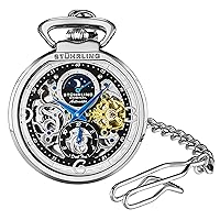 Stuhrling Orignal Mens Automatic Pocket Watch Skeleton Dial Mechanical Movement with and Stainless Steel Chain -Dual Time AM/PM Sun Moon Subdial