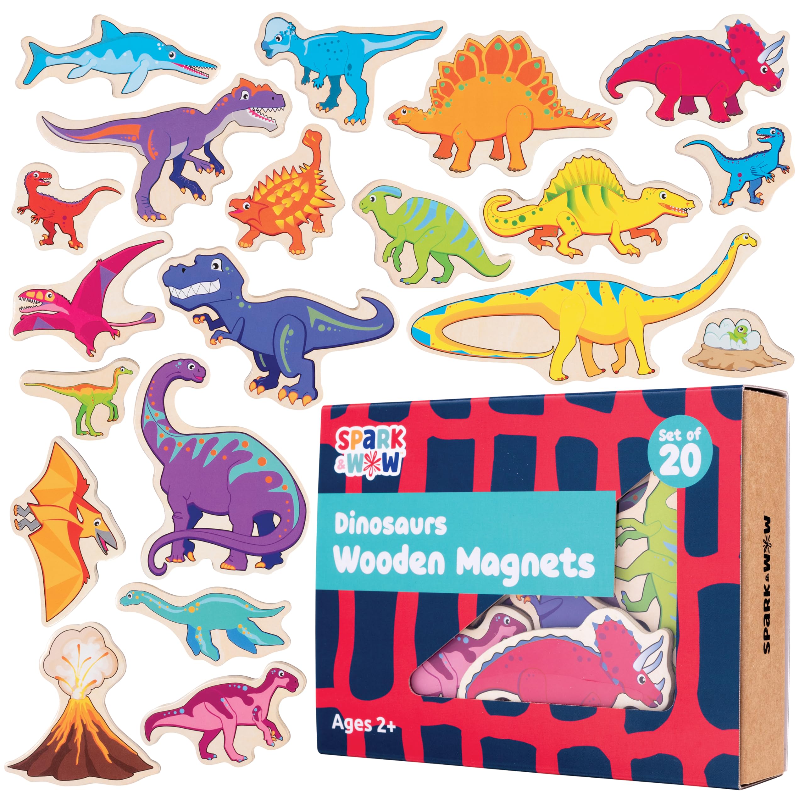 SPARK & WOW Wooden Magnets - Dinosaurs - Set of 20 - Magnets for Kids Ages 2+ - Cute Dinosaur Magnets for Fridges, Whiteboards and More