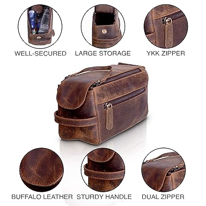 KOMALC Premium Buffalo Leather Unisex Toiletry Bag Travel Dopp Kit