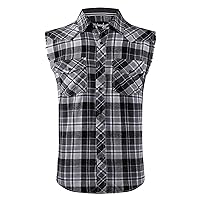 Mens Casual Flannel Plaid snap Shirt Sleeveless with Pocket