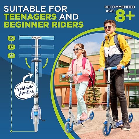 Jovial 2-Wheel Folding Kick Scooter - Compact Foldable Riding Scooter for Teens w/Adjustable Height, Alloy Anti-Slip Deck, 7” Wheels, Mud Guard Front Wheel