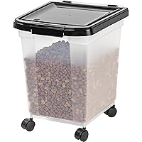 IRIS USA 25 Lbs / 32.5 Qt WeatherPro Airtight Pet Food Storage Container with Removable Casters, for Dog Cat Bird and Other Pet Food Storage Bin, Keep Fresh, Translucent Body, Clear/Black