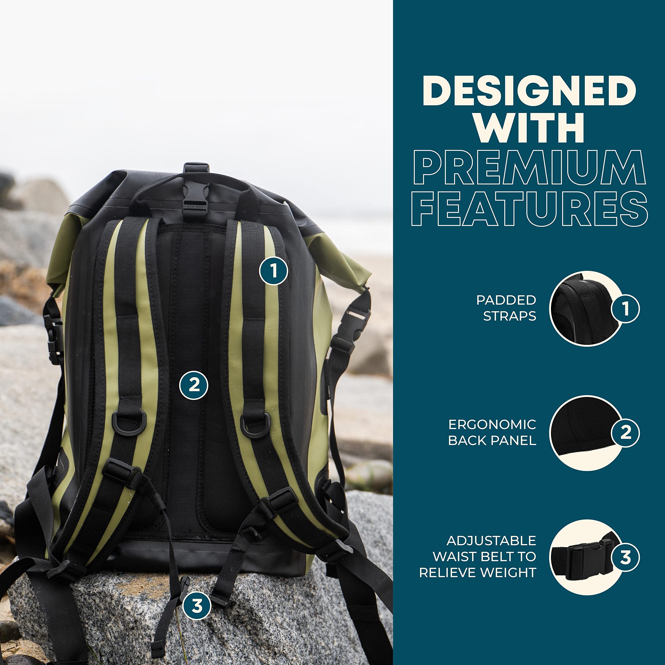 Earth Pak Waterproof Backpack 35L / 55L / 85L sizes with Roll-Top Closure, Front Pocket, Cushioned Back Panel & Phone Case