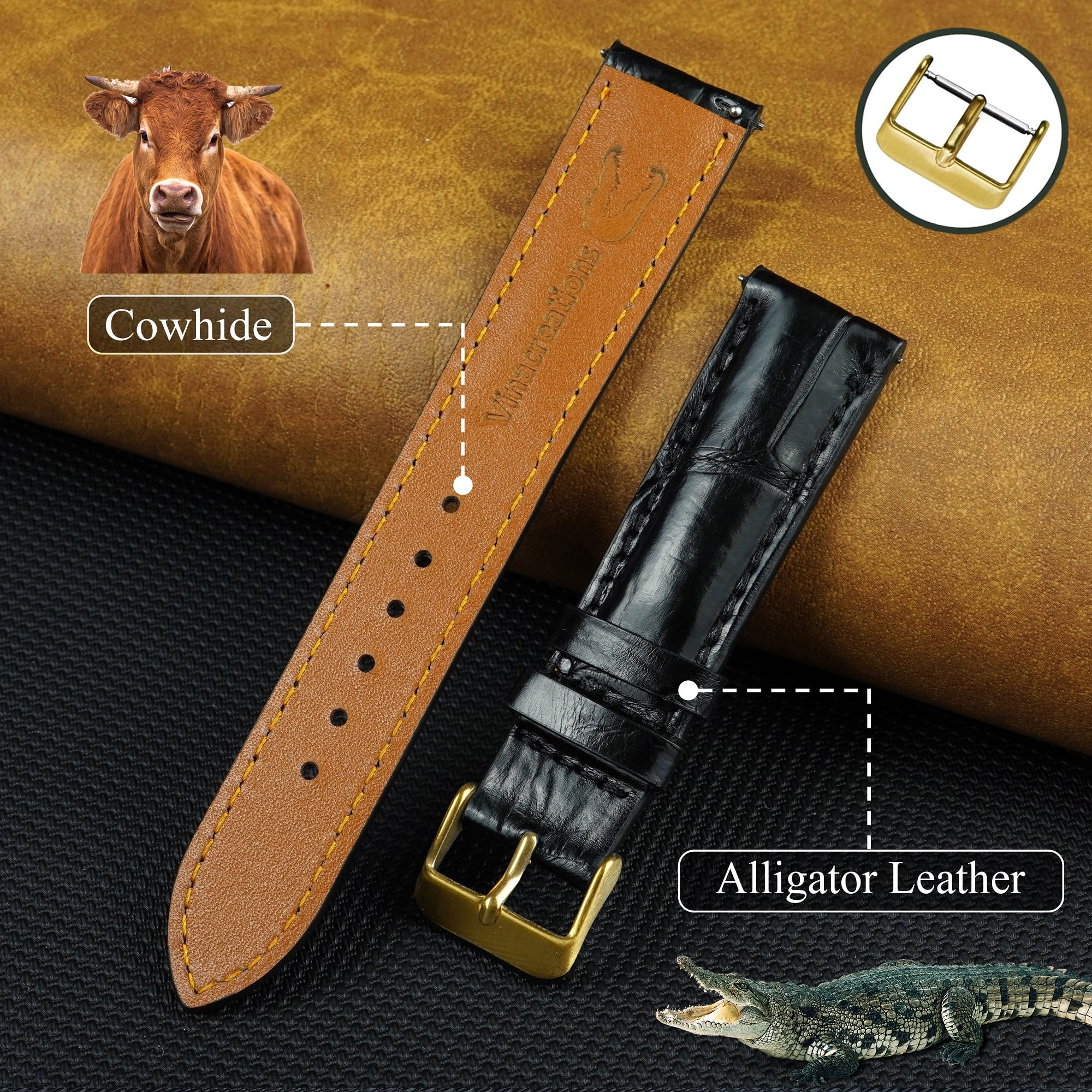 vinacreations Handmade Alligator Leather Watch Band Men Quick Release Premium Crocodile Strap Stingray Ostrich Replacement Silver Buckles 18mm 19mm 20mm 21mm 22mm 24mm