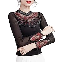 Women's Mesh Tops Elegant Mock Neck Long Sleeve Lace Embroidery Rhinestone Floral Crochet Blouses Shirts