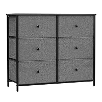 SONGMICS Dresser for Bedroom, Chest of Drawers, 6 Drawer Dresser, Closet Fabric Dresser with Metal Frame, Gray and Black with Wood Grain ULTS323G22, 11.8”D x 31.5”W x 27.1”H
