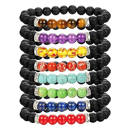 LOLIAS Chakras Bracelet 8 Pack Bead Gemstone Bracelet for Men Women Natural Stone Diffuser Bracelet Stretch Yoga Bracelets