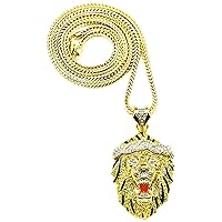 Lion Pendant with Crystal Rhinestones and 36 Inch Franco Necklace