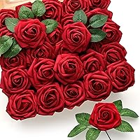 Mocoosy 50Pcs Red Roses Artificial Flowers Bulk, Dark Red Fake Roses Real Looking Foam Rose with Stems for DIY Wedding Bouquets Floral Arrangements Bridal Shower Mother's Day Party Home Decorations
