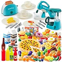 JOYIN 135 PCS Kids Play Food Set, Play Kitchen Toys, Pretend Play Kitchen Appliances Toy Set with Coffee Maker, Mixer, Toaster with Realistic Lights& Sounds, Birthday Gift for Kids Ages 2 3 4 5