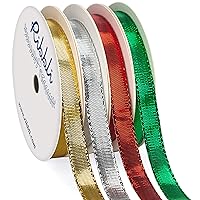 Ribbli Christmas 4 Rolls Metallic Glitter Ribbon, 3/8 Inch Total 40 Yards, Christmas Ribbon Use for Christmas Gift Wrapping, Christmas Craft and Decoration, Gold/Silver/Red/Green