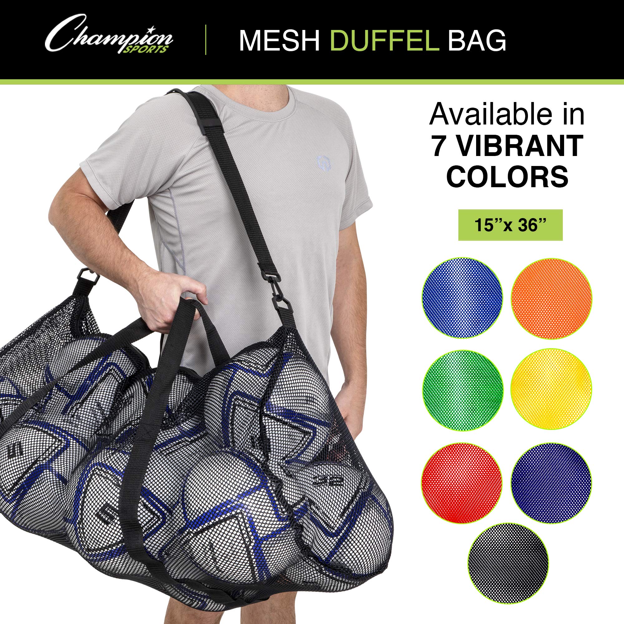 Champion Sports Mesh Duffle Bag with Zipper and Adjustable Shoulder Strap, 15” x 36” - Multipurpose, Oversized Gym Bag for Equipment, Sports Gear, Laundry - Breathable Mesh Scuba and Travel Bag