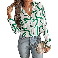 Women's Fashion Tops 2023 Oversized Button Down Shirts V Neck Print Long Sleeve Work Blouses Dressy Casual