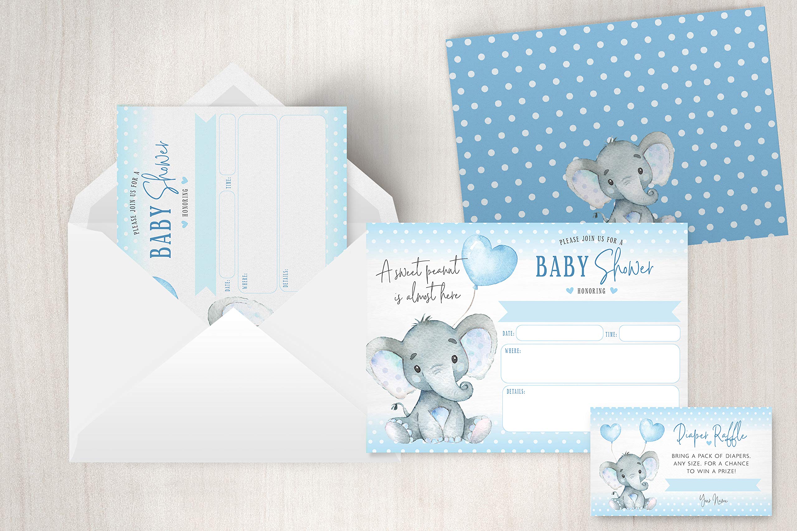 Your Main Event Prints Boy Elephant Baby Shower Invitations, Peanut Baby Shower Invites with Diaper Raffles Cards, Sprinkle, 20 Invites Including Envelopes