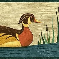 Wallpaper Border Country Pattern Floating Ducks Leaves for Cottage Farmhouse Living Room, Beige Blue Brown Green, 15 ft by 7 in AP75650