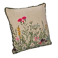 Creative Co-Op Cotton Slub Flower Pillow with Embroidery, Beads and Lace Trim, Multicolor, Square, Multi
