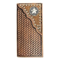 Texas West Western Men's Basketweave Genuine Leather Lone Star Long Cowhide Stud Bifold Wallet (brown)