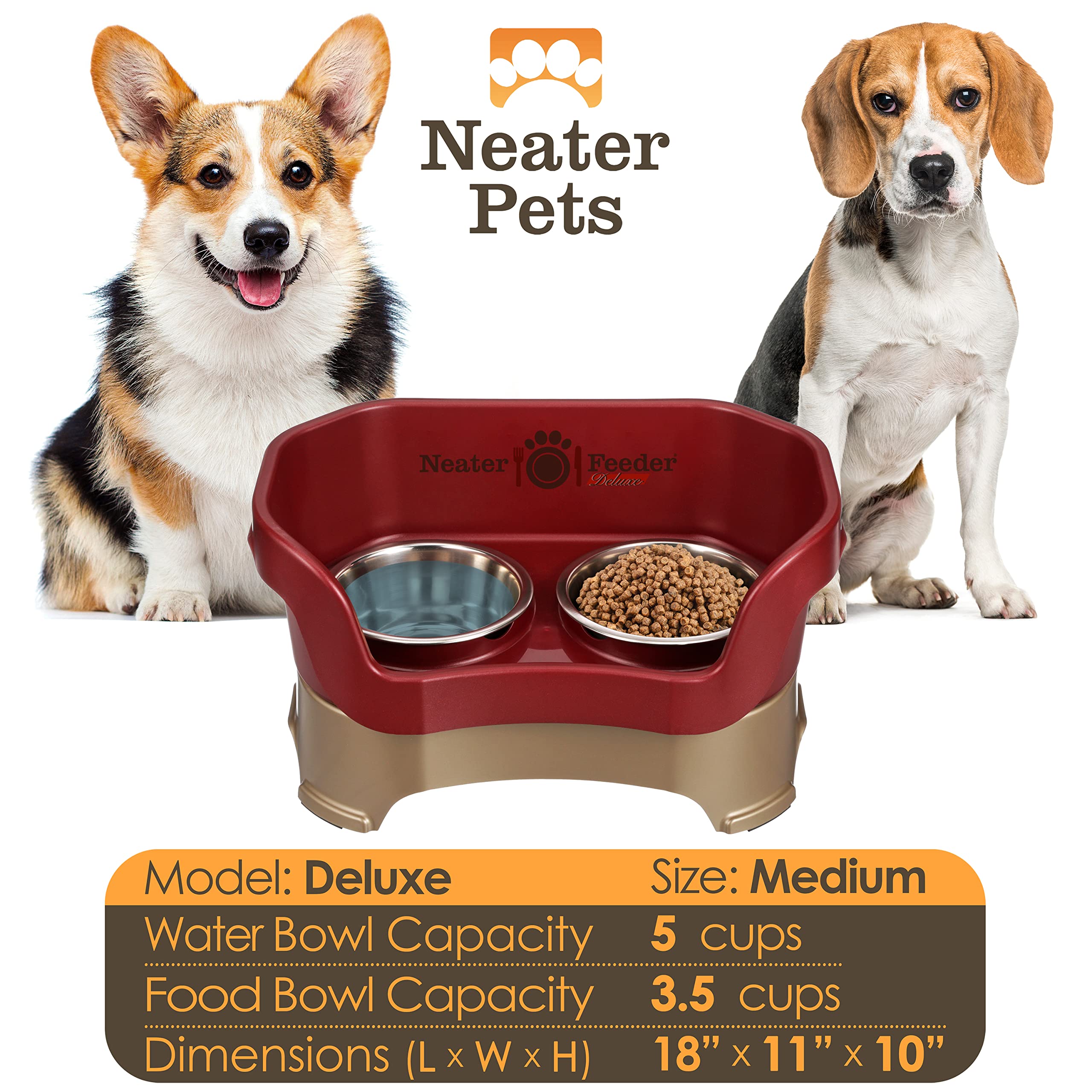 Neater Feeder Deluxe Medium Dog (Cranberry) - The Mess Proof Elevated Bowls No Slip Non Tip Double Diner Stainless Steel Food Dish with Stand