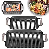 Camerons BBQ Grill Topper Grilling Pans (Set of 2 - Non-Stick Barbecue Trays w Stainless Steel Handles - Indoor Outdoor use for Barbecue & Smoked Meat, Vegetables & Seafood - Grill Accessory Gift Pack