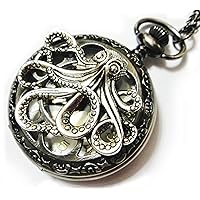 Large Octopus Pocket Watch Necklace Pendant - Vintage Style - Steampunk Retro Dark Gray Pocketwatch Octopus Charm