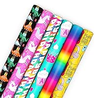 Hallmark Kids Wrapping Paper with Cutlines on Reverse (6 Rolls: 180 Sq. Ft. Total) Dinosaurs, Unicorns, Rainbow, Video Games