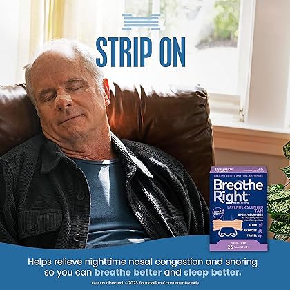 Breathe Right Nasal Strips Lavender Scent Extra Strength Tan Nasal Strips Help Stop Snoring Drug-Free Snoring Solution & Nasal Congestion Relief Caused By Colds & Allergies 26ct (packaging may vary)