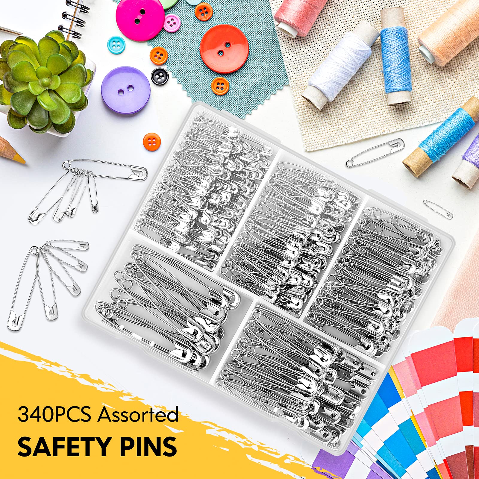 Safety Pins Assorted, 340 Pack Nickel Plated Steel Safety Pins Heavy Duty, 5 Different Sizes Safety Pin, Safety Pins Bulk, Small Large Safety Pins for Clothes, Sewing, Arts, Crafts (Silver)