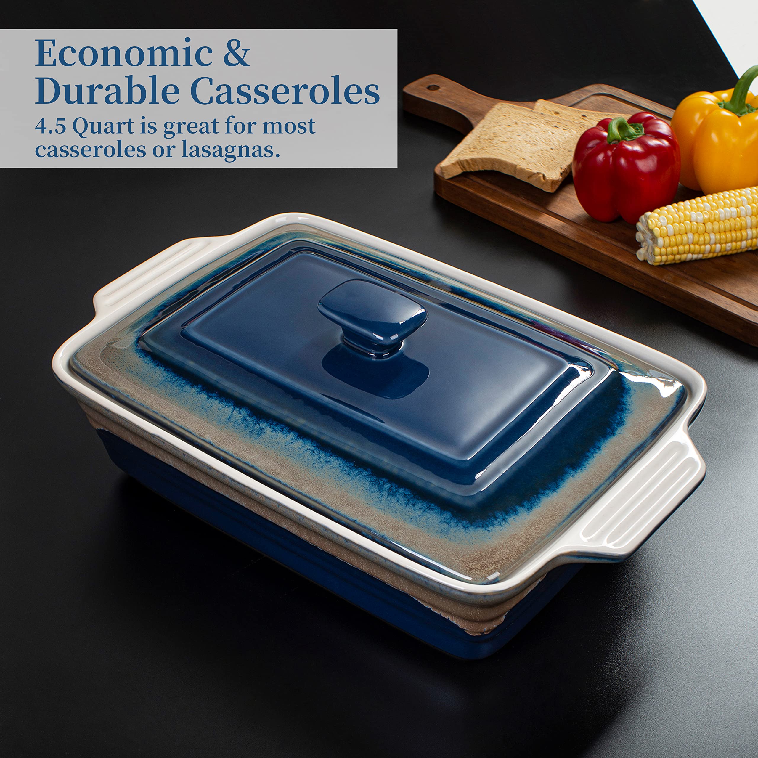 4.5 Quart Casserole Dish with Lid, LOVECASA Covered Casserole Dish Cookware, 13 x 9 Inches Nonstick Baking Dish Lasagna Pan Deep, Ceramic Bakeware for Oven, Easy to Clean, Indigo Gray Gradient