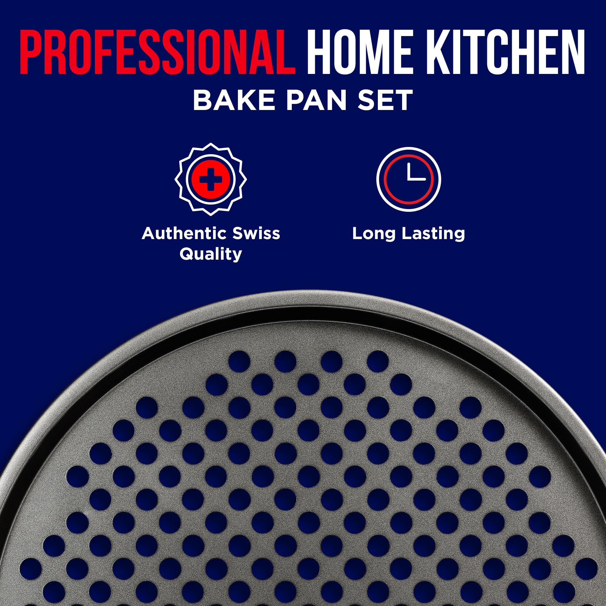 Bakken- Swiss Non-Stick Pizza Pan with Holes - 13-Inch Perforated Pizza Crisper Carbon Steel Pizza Pan - 1 Round Pizza Trays with Silicone Handles PFOA PFOS and PTFE Free