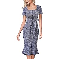 VFSHOW Womens Business Retro Square Neck Button Cocktail Church Mermaid Dress Elegant Office Belted Slim Fitted Bodycon Dress