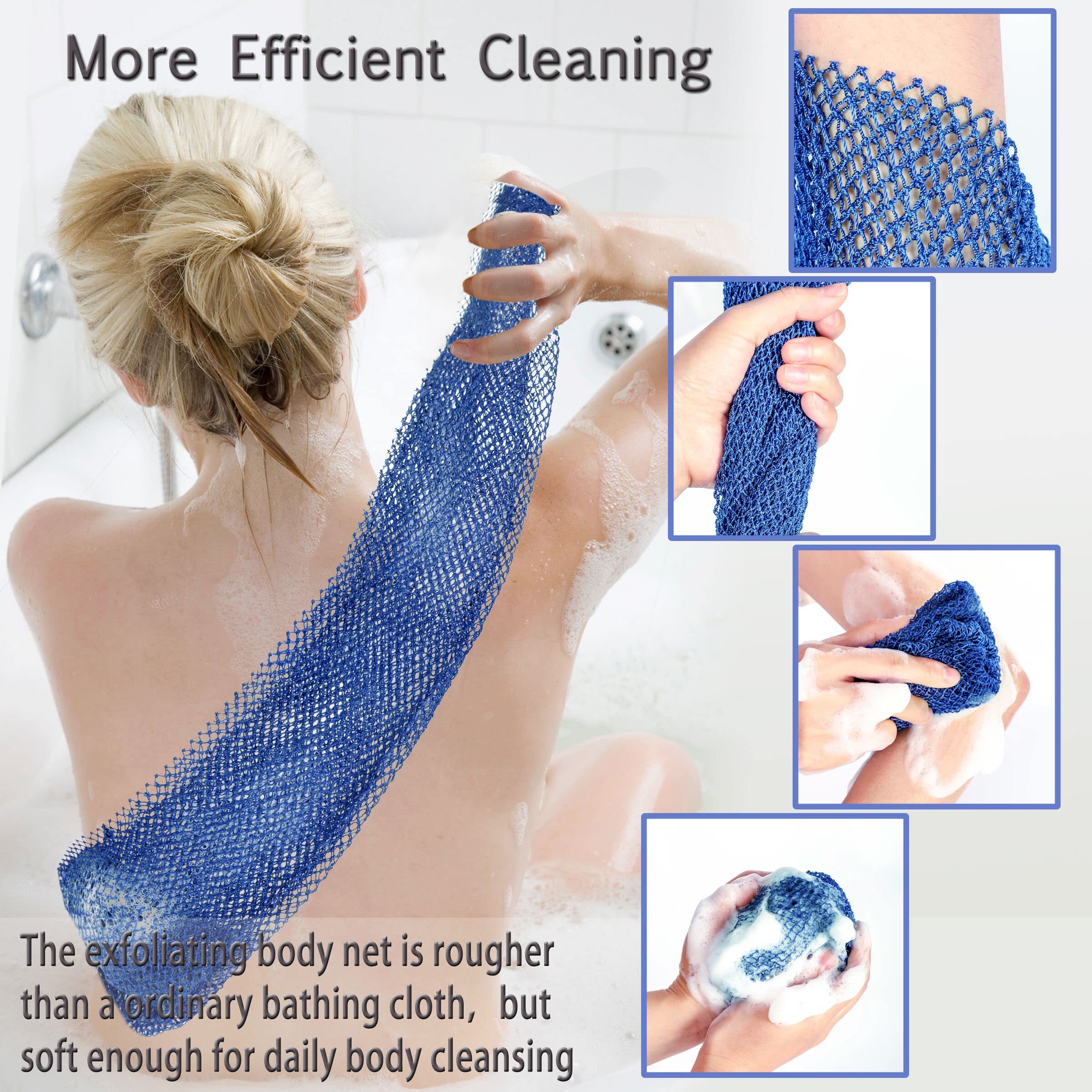 African Net Sponge, 2 Pieces Exfoliating Premium Nylon Bathing /Wash Net for Daily Back Body Scrub Scrubber Shower Net (Black, Blue)