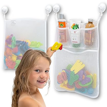 2 x Mesh Bath Toy Organizer + 6 Ultra Strong Hooks – The Perfect Bathtub Toy Holder & Bathroom or Shower Caddy – These Multi-use Net Bags Make Baby Bath Toy Storage Easy – For Kids & Toddlers