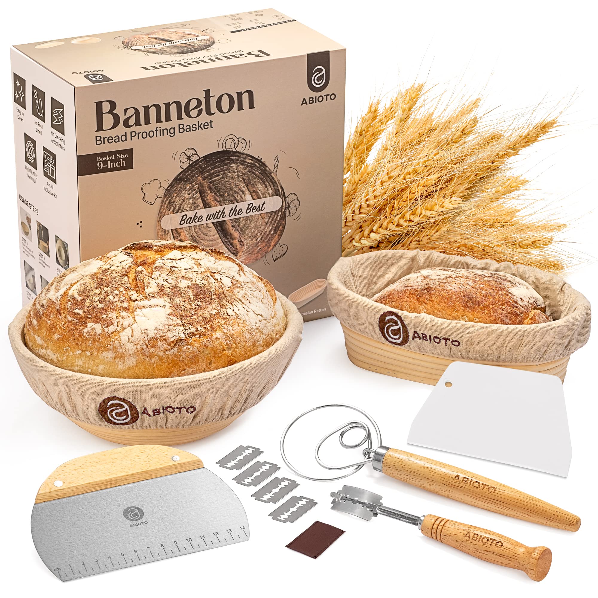 Banneton Bread Proofing Basket Set of 2 with Sourdough Bread Baking Supplies - A Complete Bread Making Kit Including 9