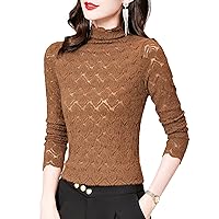 Crochet Lace Tops for Women, Fashion Mock Neck Long Sleeve Hollow Out Rhinestone Soft Blouses Elegant Work Shirts