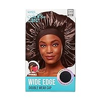 KISS Colors & Care Silky Satin Wide Edge Double Wear Cap, Super Jumbo, Black, Double Sided Reversible Designs, Premium Charmeuse Fabric, Retains Moisture & Styles, Slip-Free, Comfortable & Durable Overnight Hair Bonnet For All Hair Types