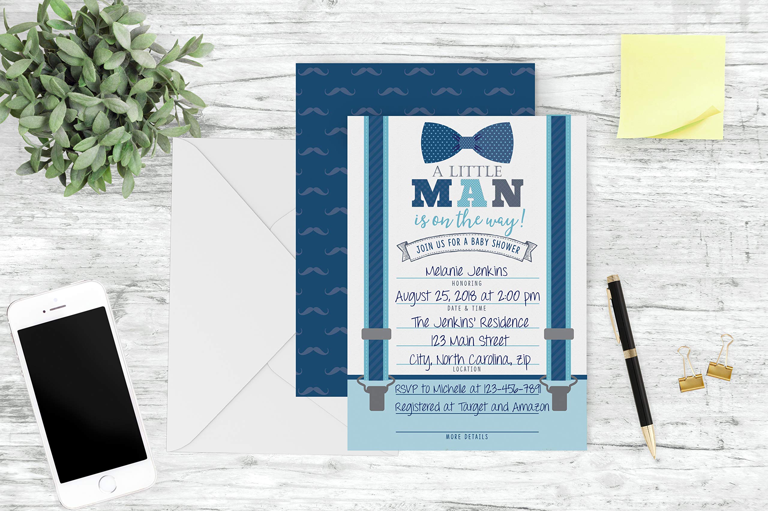 Your Main Event Prints Little Man Baby Shower Invitations, Boy Baby Shower Invites with Diaper Raffles Cards, Bow Tie and Mustaches, Sprinkle, 20 Invites Including Envelopes