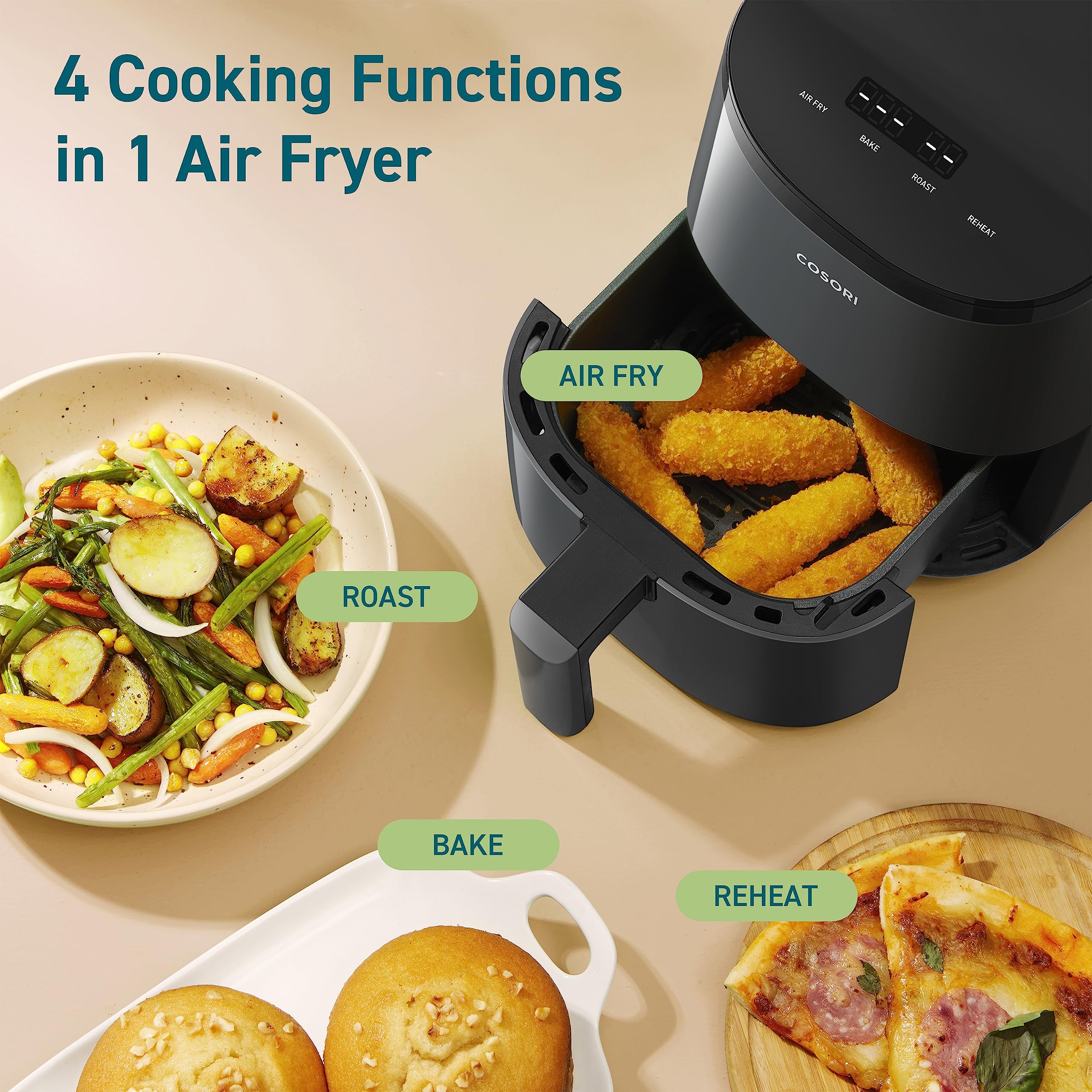 COSORI Small Air Fryer Oven 2.1 Qt, 4-in-1 Mini Airfryer, Bake, Roast, Reheat, Space-saving & Low-noise, Nonstick and Dishwasher Safe Basket, 30 In-App Recipes, Sticker with 6 Reference Guides, Gray