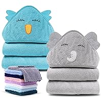 Cute Castle 2 Pack Hooded Baby Towel Rayon Made from Bamboo and 8 Washcloths - Lovely Elephant, Happy Bird