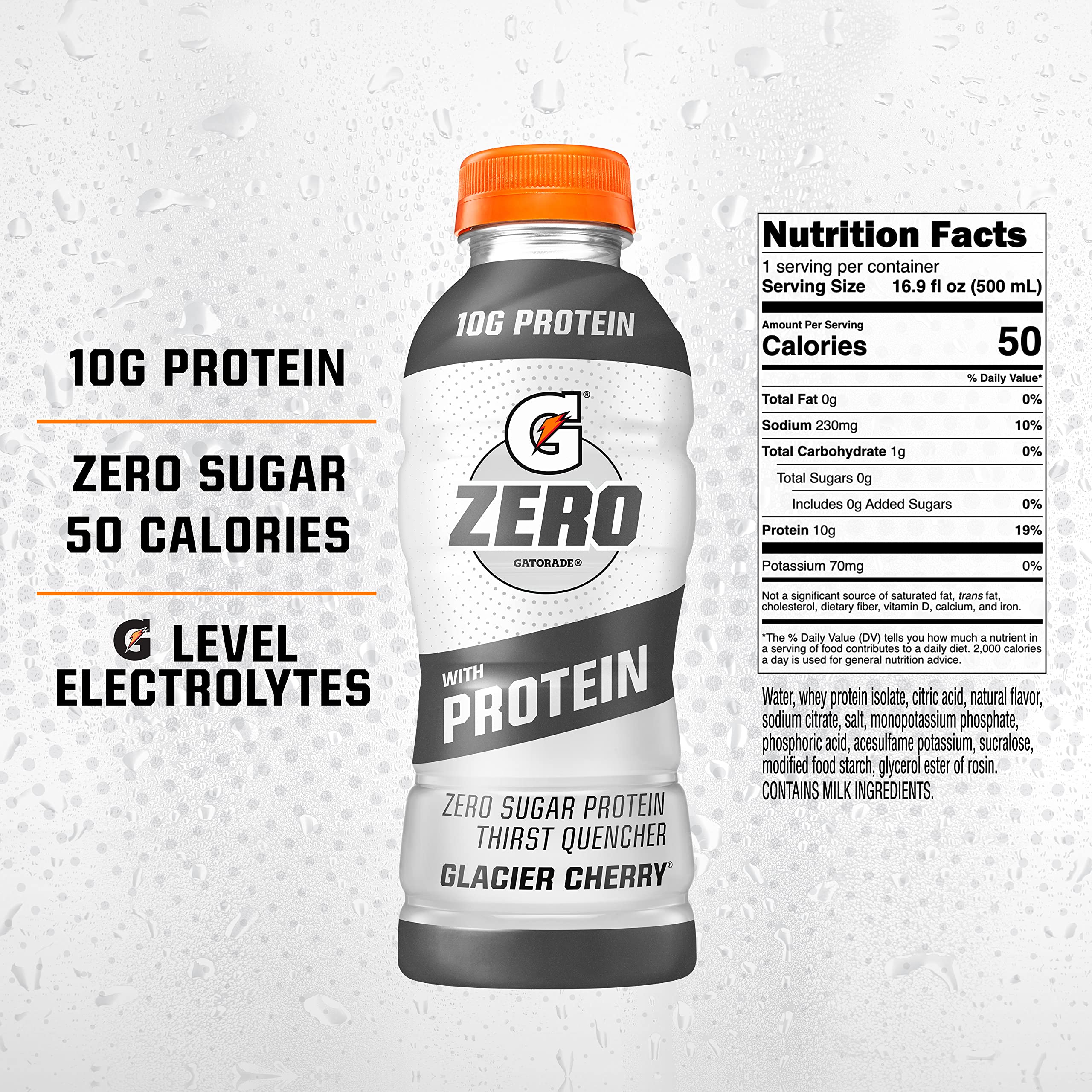 Gatorade Zero With Protein, 10g Whey Protein Isolate, Zero Sugar, Electrolytes, Glacier Cherry, 16.9 Fl Oz, 12 Pack