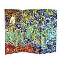 Red Lantern 3 ft. Short Double Sided Works of Van Gogh Canvas Folding Screen Irises/Starry Night Over Rhone 3 Panel Freestanding Partition and Separator for Modern and Contemporary Bedroom Home Office