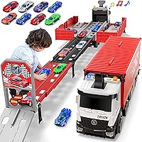 Carrier Truck Race Track Kids Toys, Foldable 3 Layer Car Race Track Playset, Toy Truck Transport Car Carrier & 8 Race Cars, Truck Car Toddlers Toys Xmas Gifts for Age 3 4 5 6+ Years Old Boys Girls