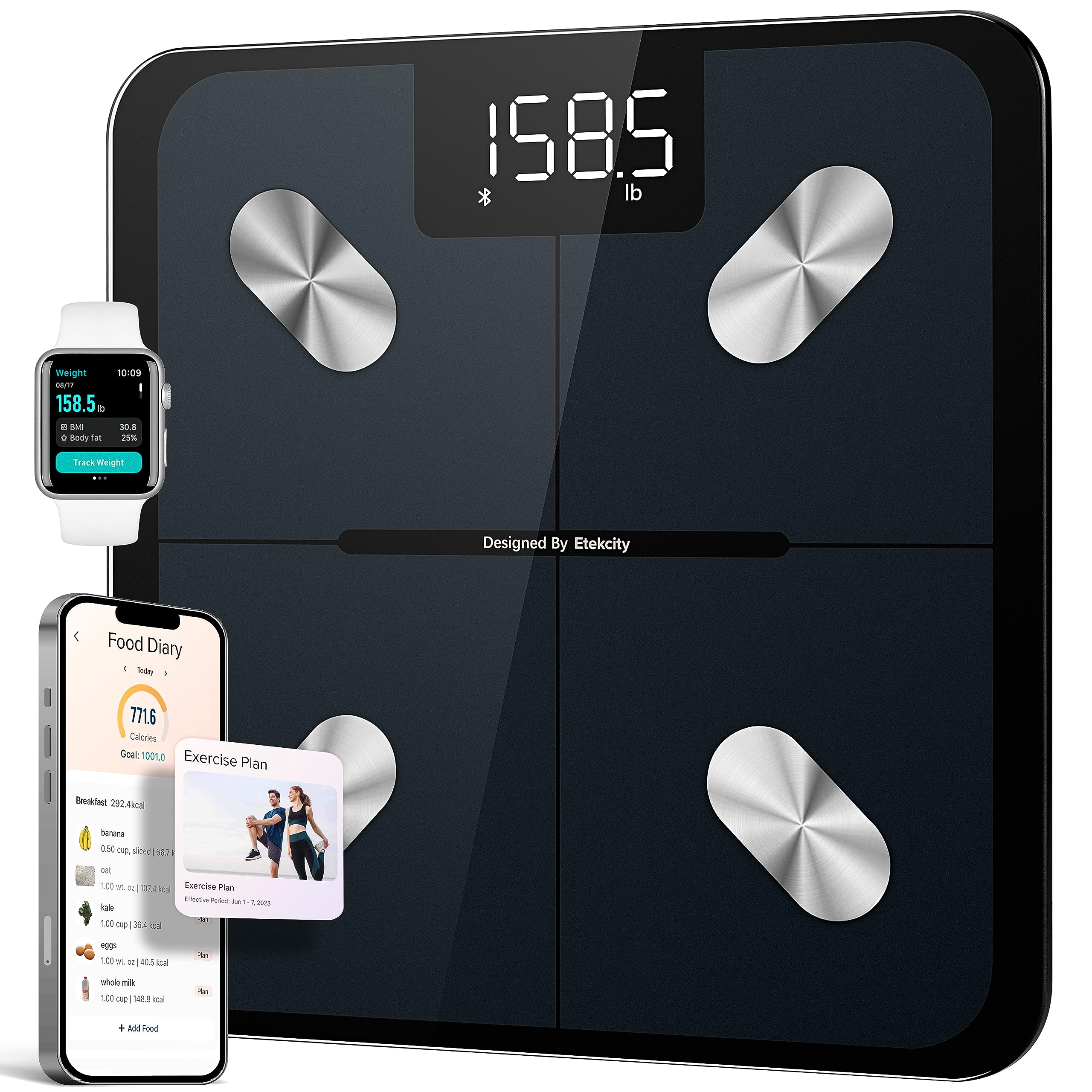 Etekcity Food Kitchen Scale, Digital Grams and Ounces Medium, Black & Scale for Body Weight and Fat Percentage, Smart Accurate Digital Bathroom Body Composition Bluetooth Weighing Machine 400lb