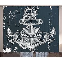 Marine Curtains, Nautical Knot Compass Anchor Pattern Sea World Ocean Life Grunge Illustration, Living Room Bedroom Window Drapes 2 Panel Set, 108
