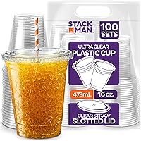 16 oz Clear Plastic Cups with Straw-Slot Lids [100 Sets] PET Crystal Clear Disposable Cups with Lids - Durable Cup. BPA Free + Crack Resistant, for Coffee, Juice, Shakes
