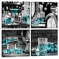 Dining Room Wall-Decor - Kitchen Wall Art Black And White Wall Art - Teal Wine Cup Decor Modern Art Wall Decor For Living Room 4 Pieces Framed Canvas Art 14x14 Inches