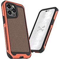 Ghostek Atomic Slim Magnetic iPhone 15 Pro Max Case, Compatible with MagSafe Accessories, Aluminum Metal Frame, Rugged Heavy Duty (6.7 Inch, Orange with Tan Fabric)