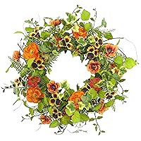 20 inches Artificial Spring Summer Wreath with Orange Poppy,Pansy Flower,Wild Rose,Ivy Leaves,Rose Leaf for Front Door Indoor Outdoor Farmhouse Wall Holiday Decor, White Gift Box Included…